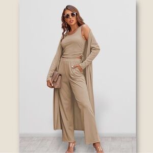 Hotli-Women’s Taupe 3-Piece Lounge Set - Tank, Wide-Leg Pants & Duster